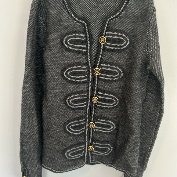 Trina Turk grey merino wool knit sweater with military style button closure. - Picture 3 of 11